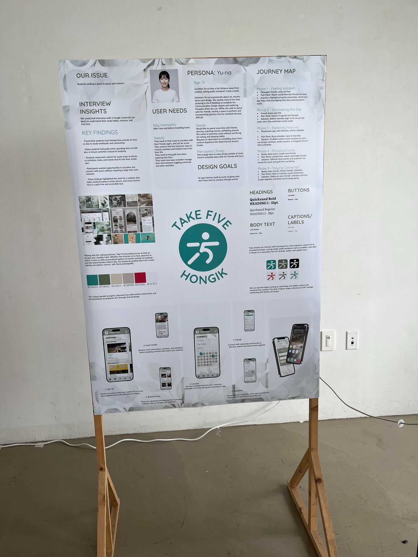 Poster exhibition display for the Take Five Hongik app, accompanied by a mock up mobile application designed to help students create, discover, and host university based events. Developed as part of a collaborative group project during the Hongik Universit